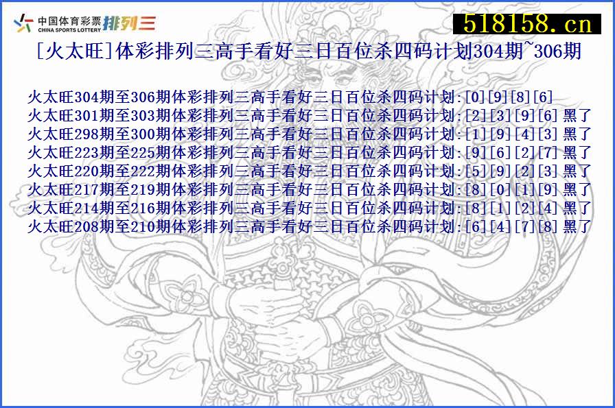 [火太旺]体彩排列三高手看好三日百位杀四码计划304期~306期