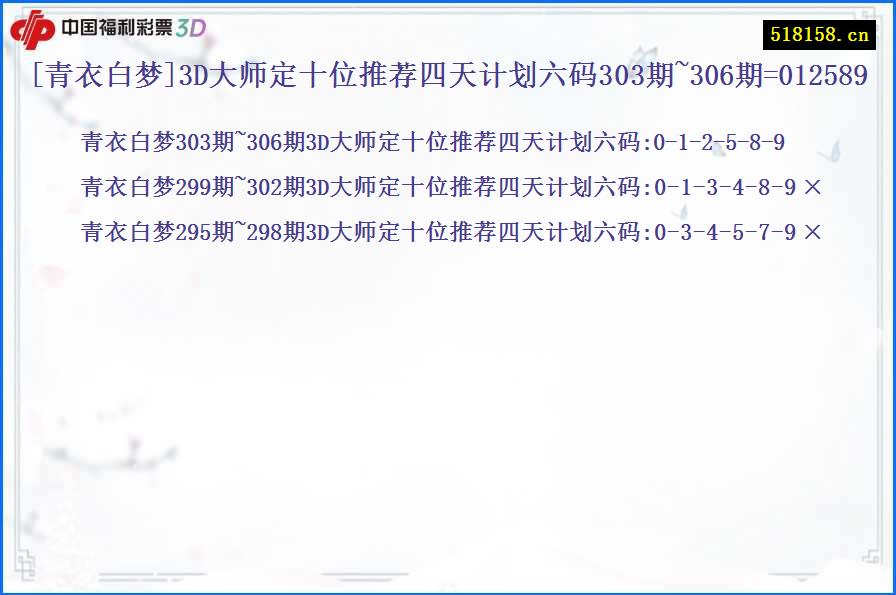 [青衣白梦]3D大师定十位推荐四天计划六码303期~306期=012589