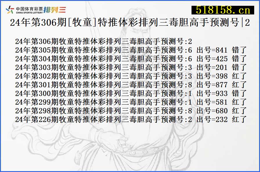 24年第306期[牧童]特推体彩排列三毒胆高手预测号|2