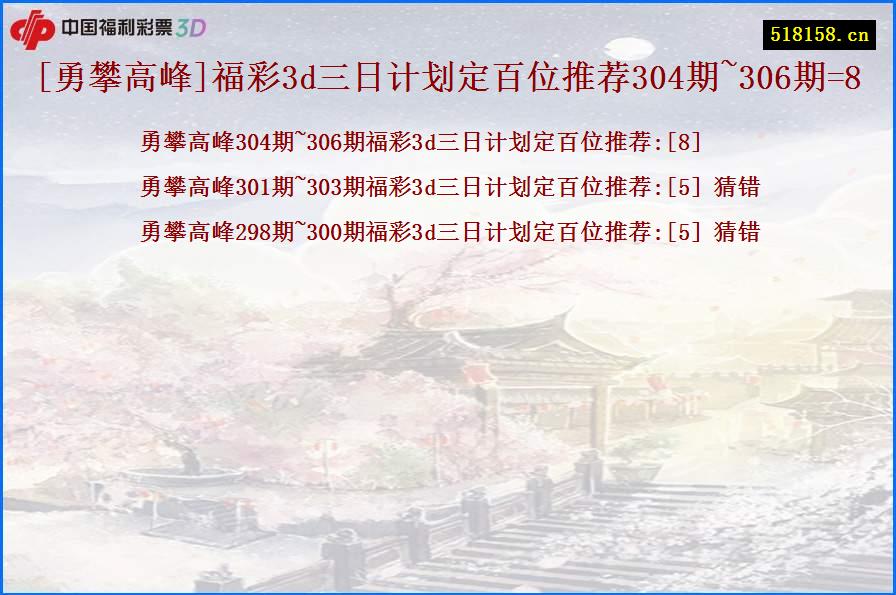 [勇攀高峰]福彩3d三日计划定百位推荐304期~306期=8