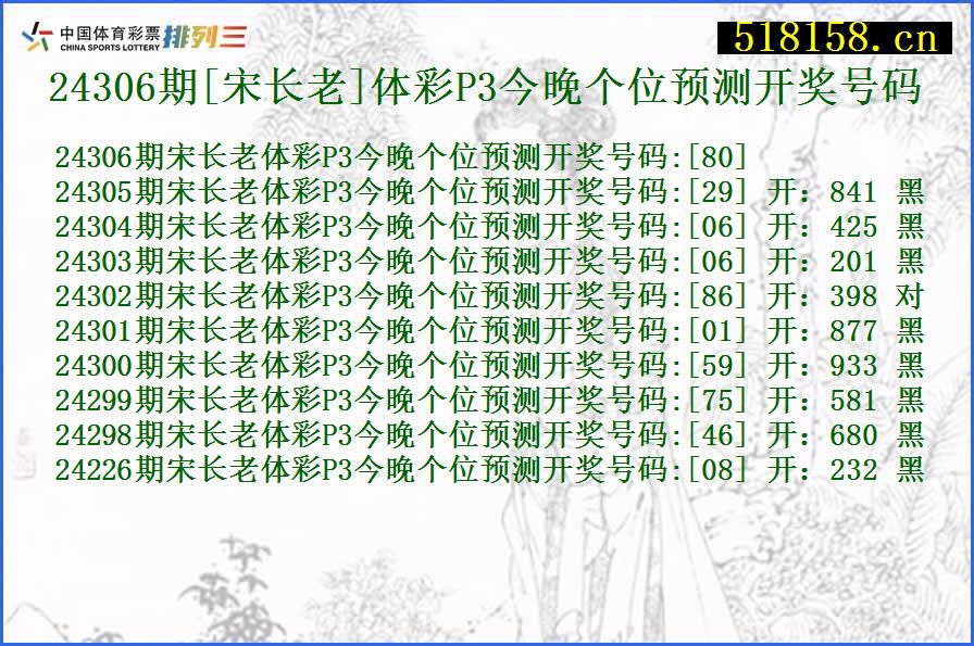 24306期[宋长老]体彩P3今晚个位预测开奖号码