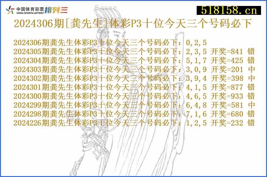 2024306期[龚先生]体彩P3十位今天三个号码必下