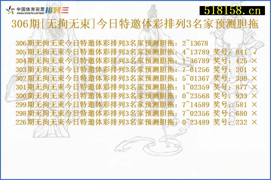 306期[无拘无束]今日特邀体彩排列3名家预测胆拖