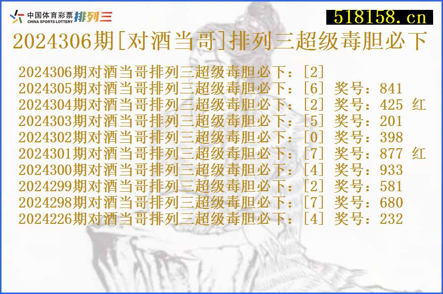 2024306期[对酒当哥]排列三超级毒胆必下