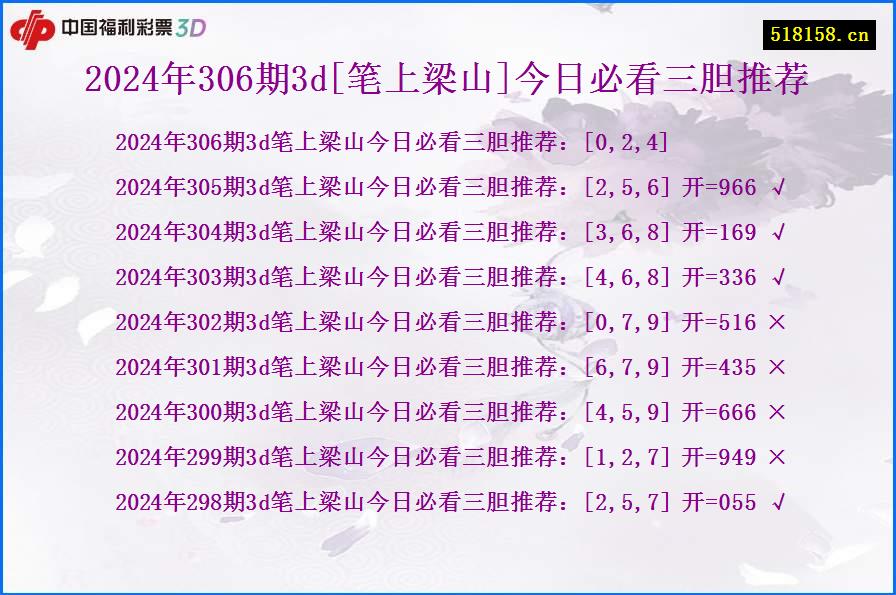 2024年306期3d[笔上梁山]今日必看三胆推荐