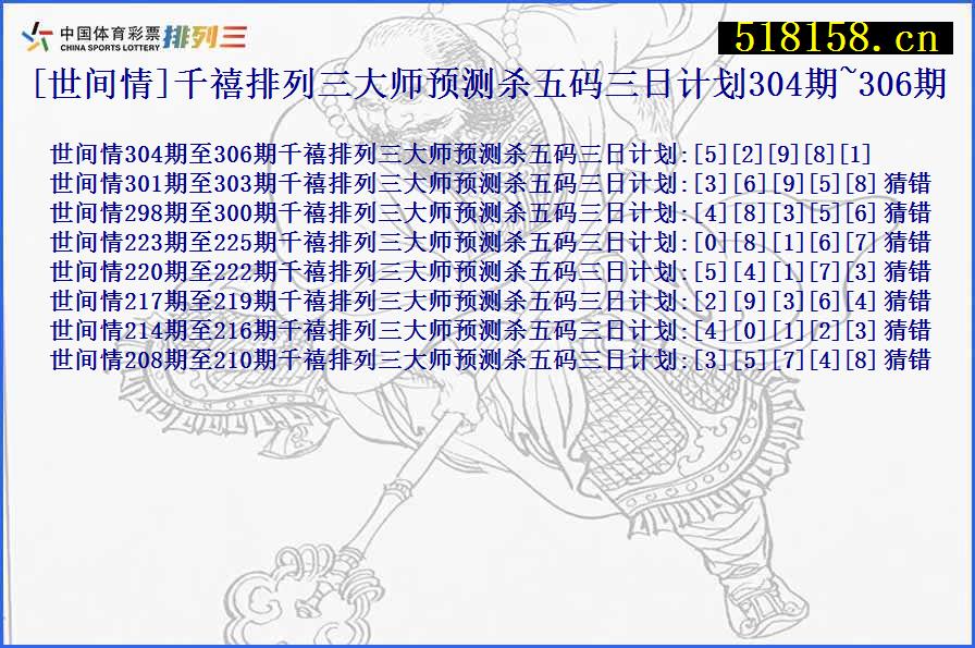 [世间情]千禧排列三大师预测杀五码三日计划304期~306期