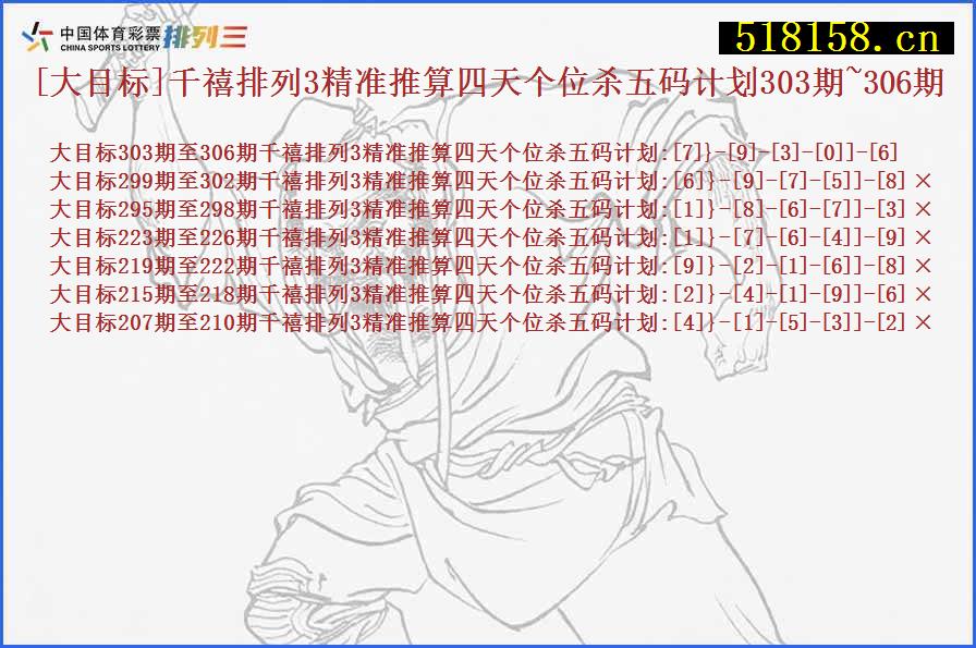 [大目标]千禧排列3精准推算四天个位杀五码计划303期~306期