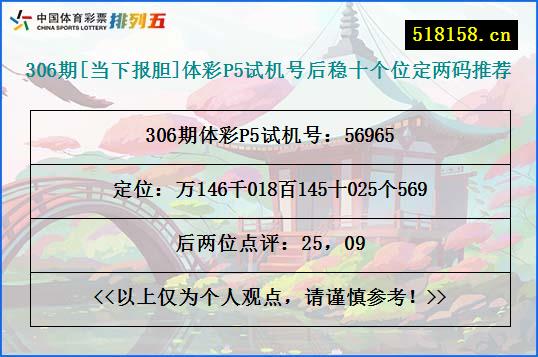 306期[当下报胆]体彩P5试机号后稳十个位定两码推荐