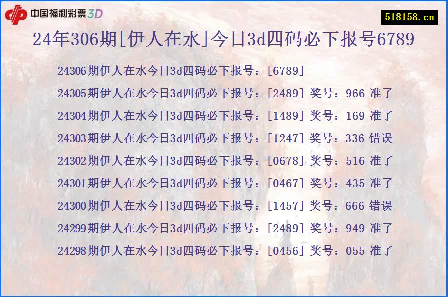 24年306期[伊人在水]今日3d四码必下报号6789