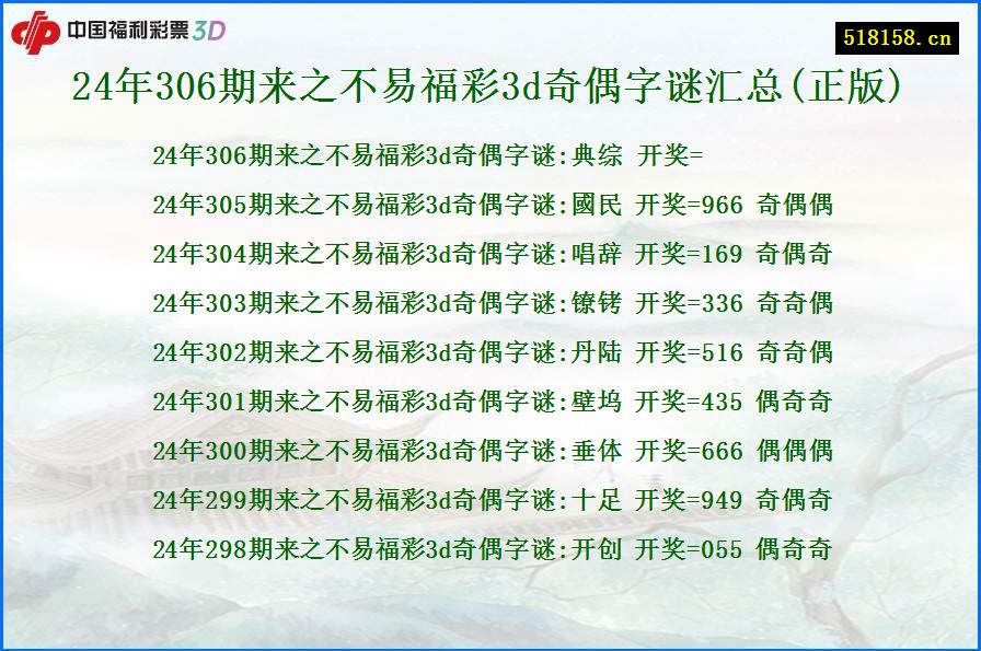 24年306期来之不易福彩3d奇偶字谜汇总(正版)