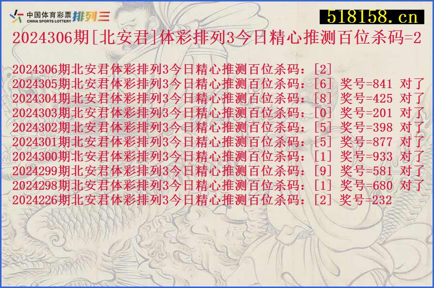 2024306期[北安君]体彩排列3今日精心推测百位杀码=2