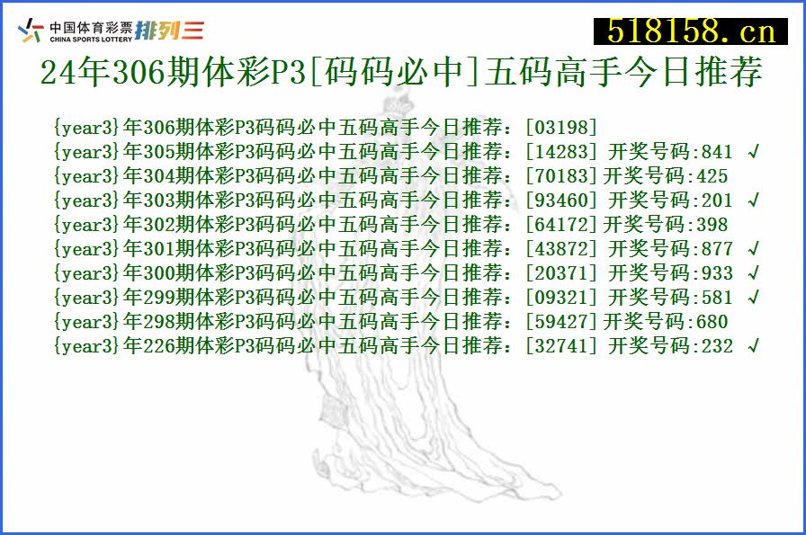 24年306期体彩P3[码码必中]五码高手今日推荐