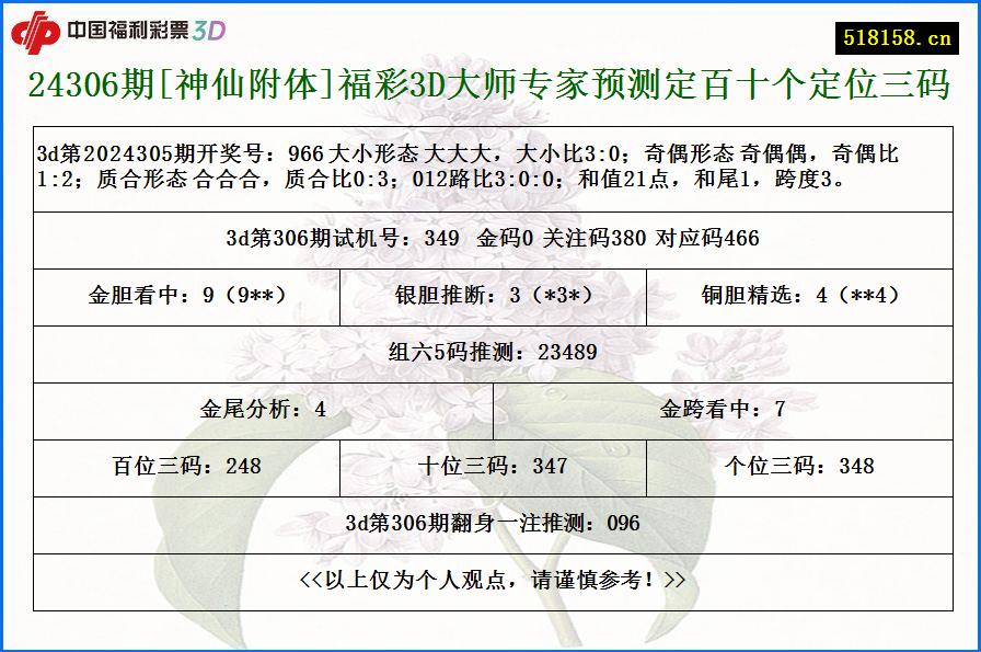 24306期[神仙附体]福彩3D大师专家预测定百十个定位三码