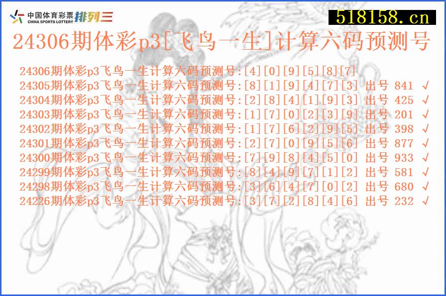 24306期体彩p3[飞鸟一生]计算六码预测号