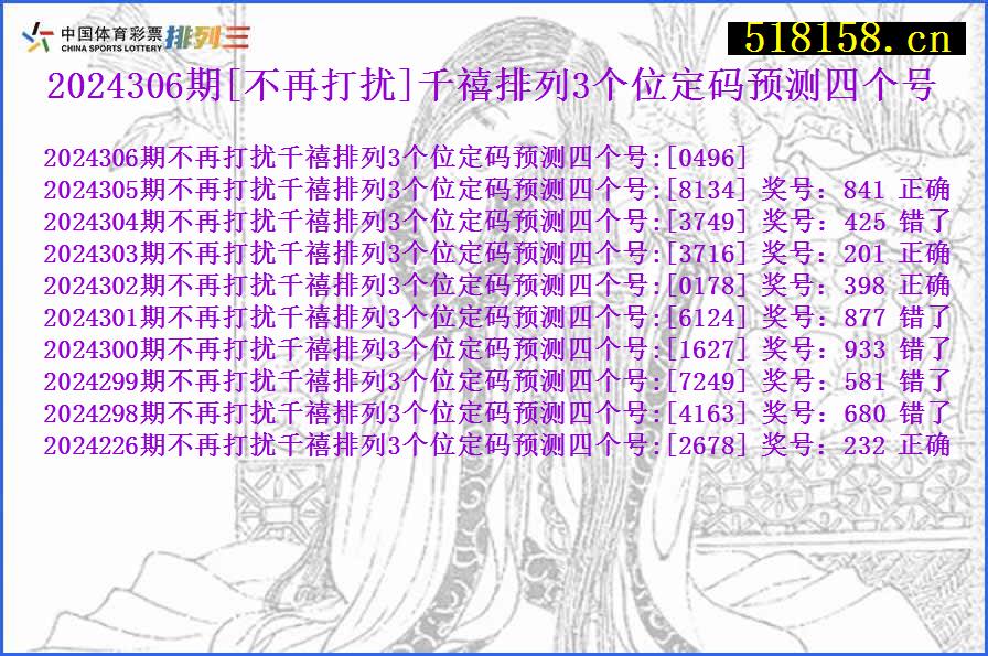 2024306期[不再打扰]千禧排列3个位定码预测四个号