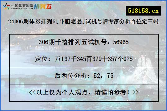 24306期体彩排列5[斗胆老翁]试机号后专家分析百位定三码