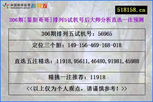 306期[鉴胆哥哥]排列5试机号后大师分析直选一注预测