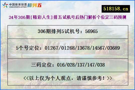 24年306期[精彩人生]排五试机号后热门解析个位定三码预测