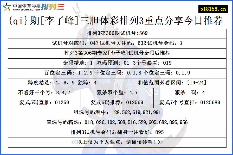 {qi}期[李子峰]三胆体彩排列3重点分享今日推荐