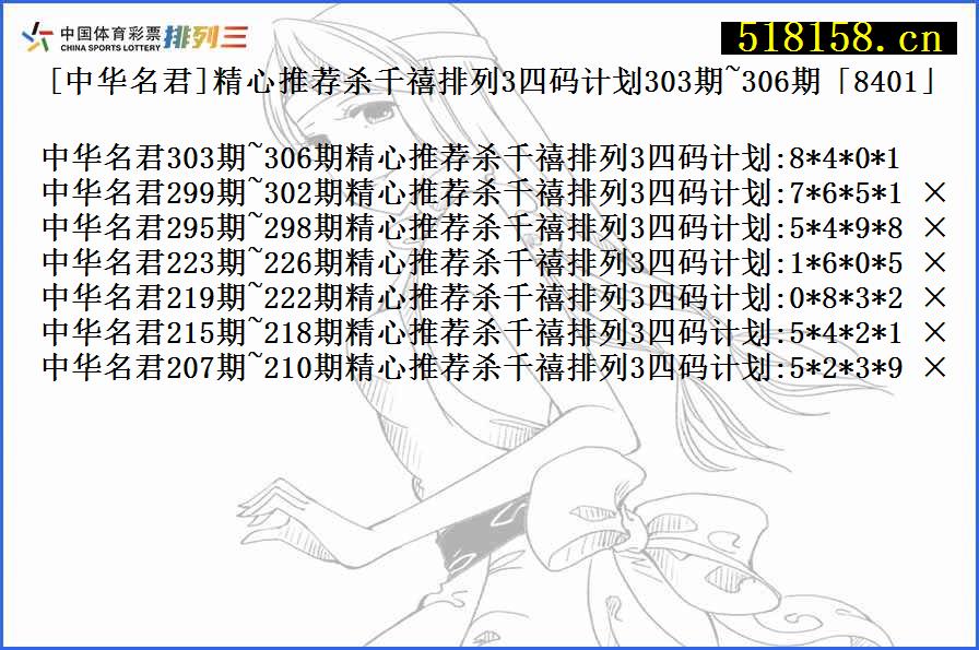 [中华名君]精心推荐杀千禧排列3四码计划303期~306期「8401」