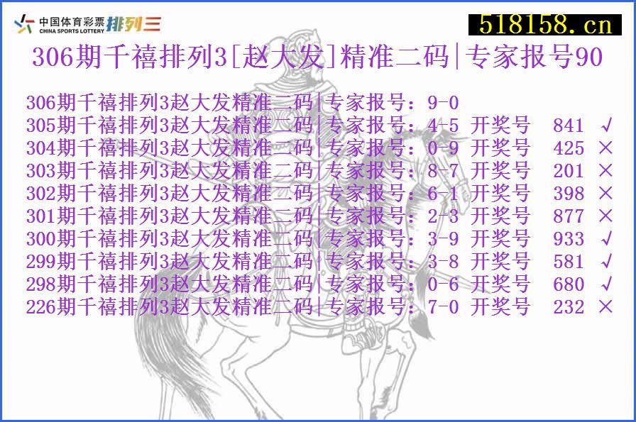 306期千禧排列3[赵大发]精准二码|专家报号90