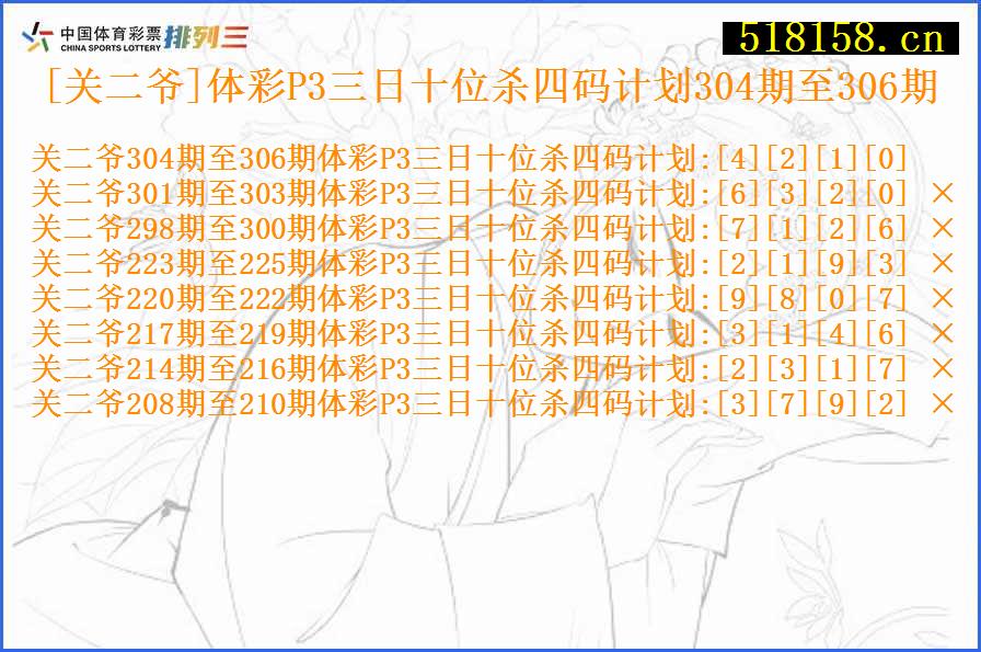 [关二爷]体彩P3三日十位杀四码计划304期至306期