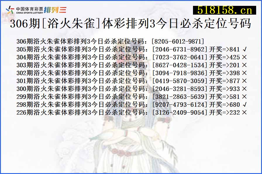 306期[浴火朱雀]体彩排列3今日必杀定位号码