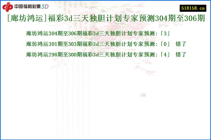 [廊坊鸿运]福彩3d三天独胆计划专家预测304期至306期