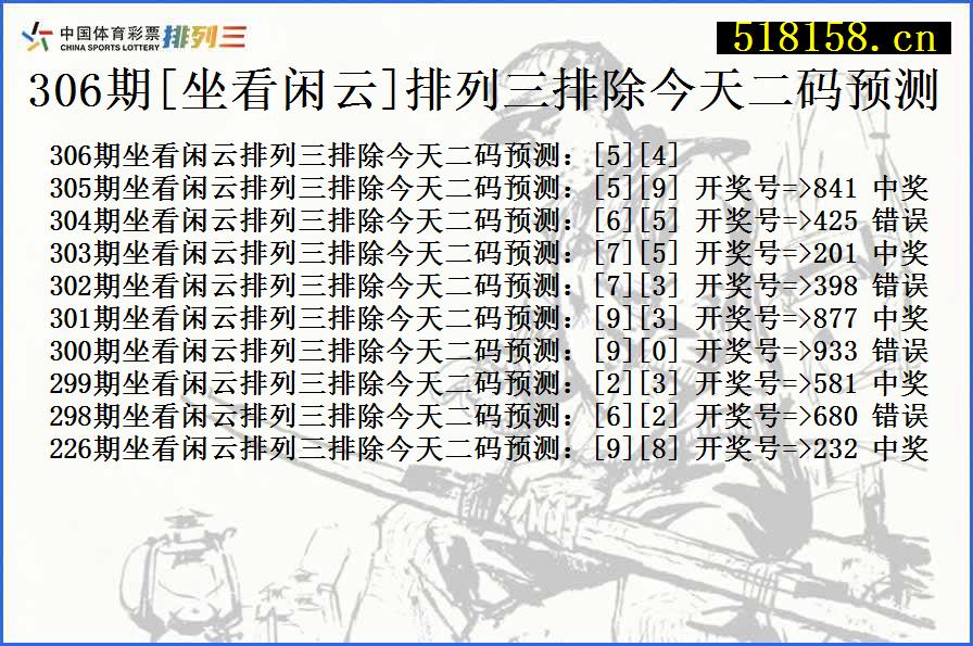 306期[坐看闲云]排列三排除今天二码预测