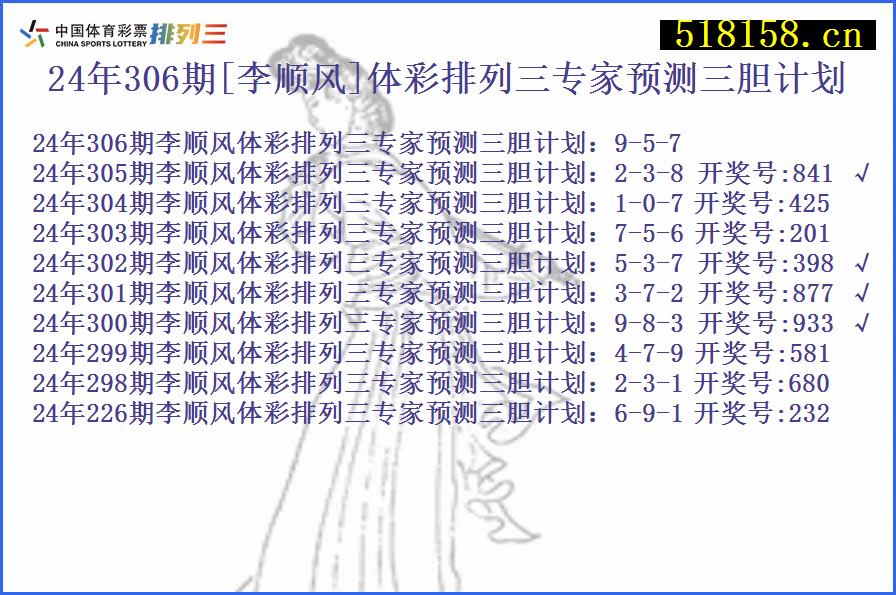 24年306期[李顺风]体彩排列三专家预测三胆计划