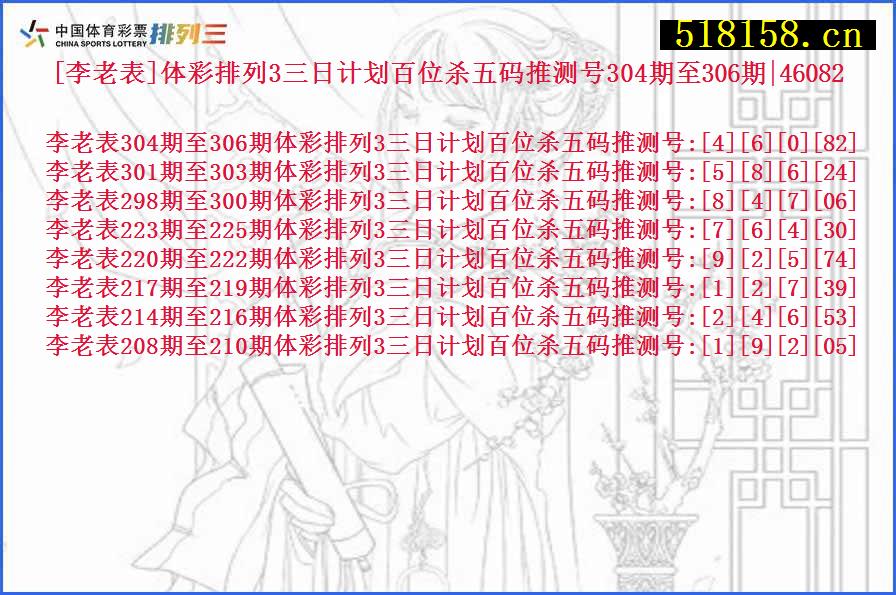 [李老表]体彩排列3三日计划百位杀五码推测号304期至306期|46082