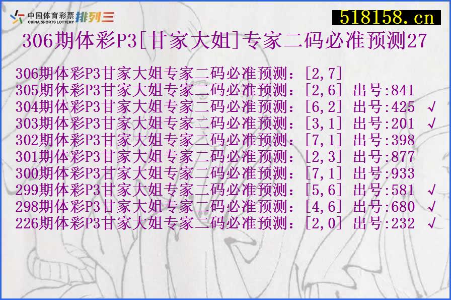 306期体彩P3[甘家大姐]专家二码必准预测27