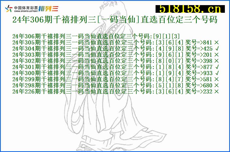 24年306期千禧排列三[一码当仙]直选百位定三个号码