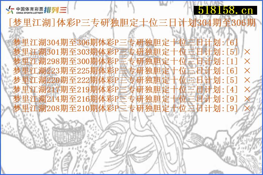 [梦里江湖]体彩P三专研独胆定十位三日计划304期至306期