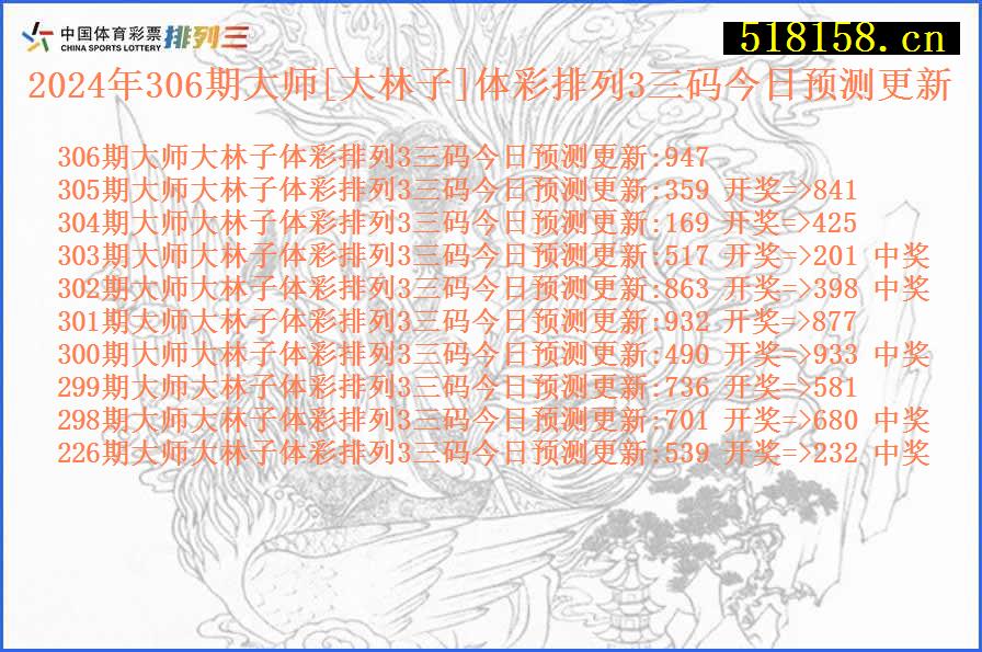 2024年306期大师[大林子]体彩排列3三码今日预测更新