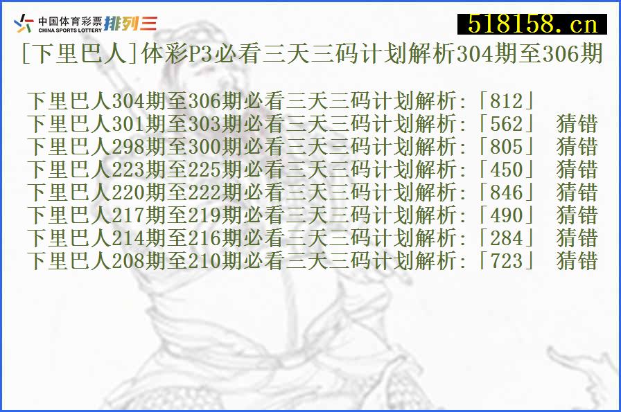 [下里巴人]体彩P3必看三天三码计划解析304期至306期