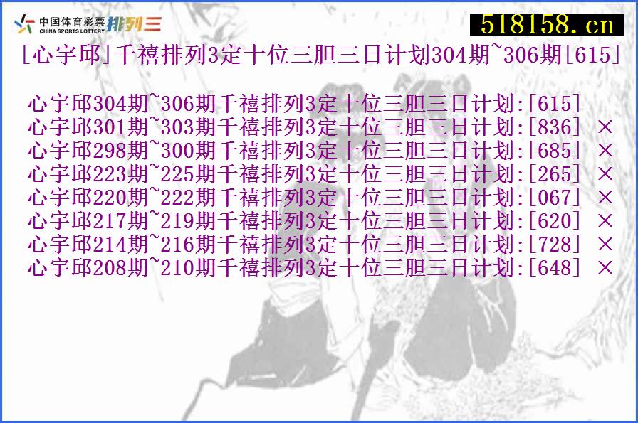 [心宇邱]千禧排列3定十位三胆三日计划304期~306期[615]