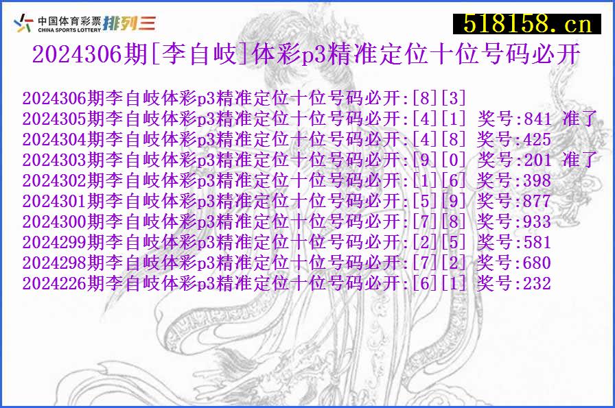 2024306期[李自岐]体彩p3精准定位十位号码必开