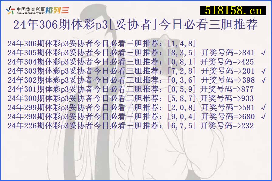 24年306期体彩p3[妥协者]今日必看三胆推荐