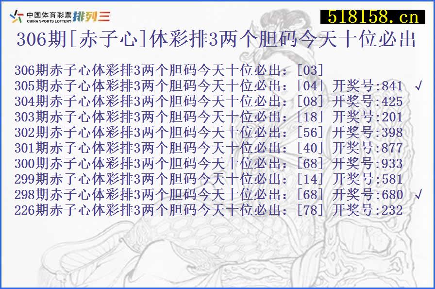 306期[赤子心]体彩排3两个胆码今天十位必出