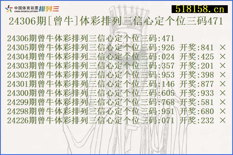 24306期[曾牛]体彩排列三信心定个位三码471