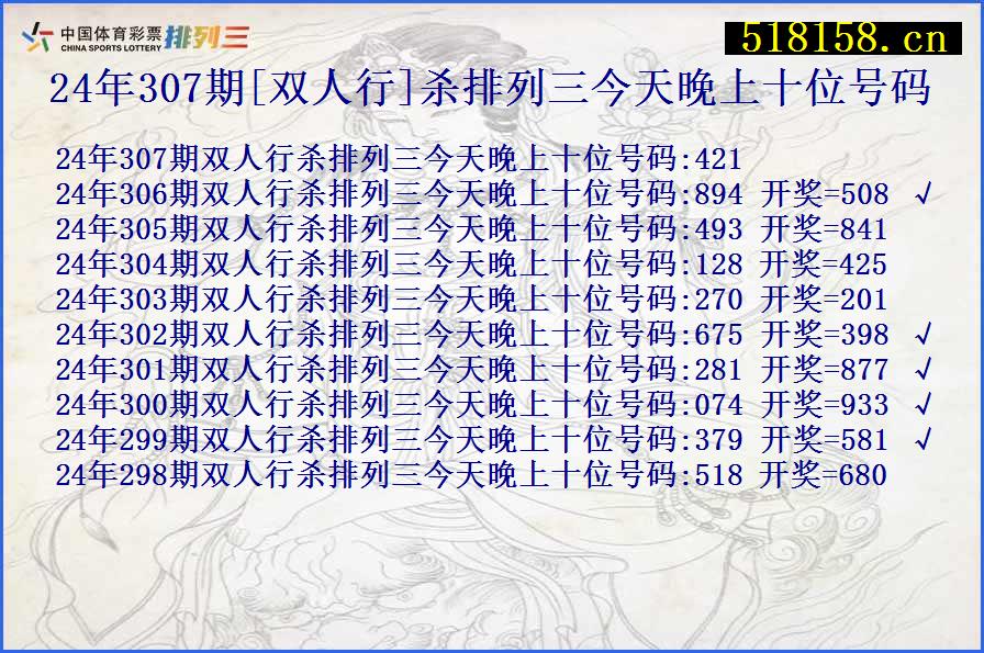 24年307期[双人行]杀排列三今天晚上十位号码