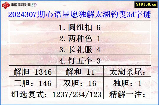 2024307期心语星愿独解太湖钓叟3d字谜