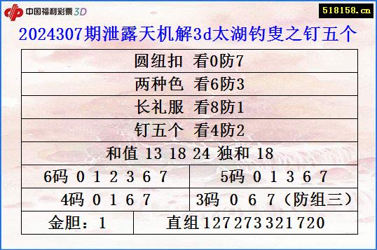 2024307期泄露天机解3d太湖钓叟之钉五个