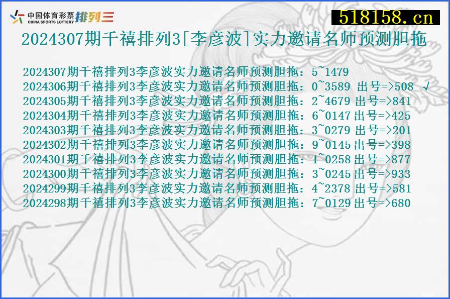 2024307期千禧排列3[李彦波]实力邀请名师预测胆拖