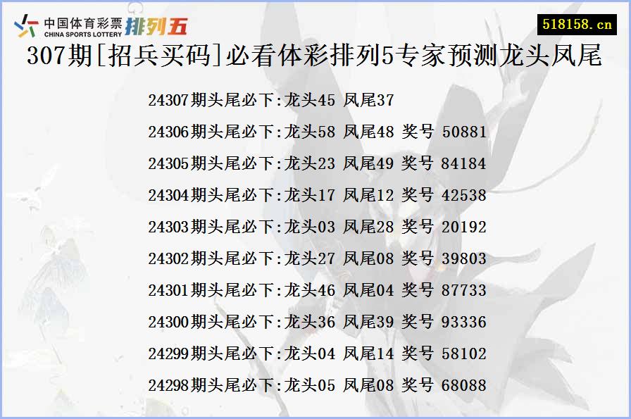 307期[招兵买码]必看体彩排列5专家预测龙头凤尾