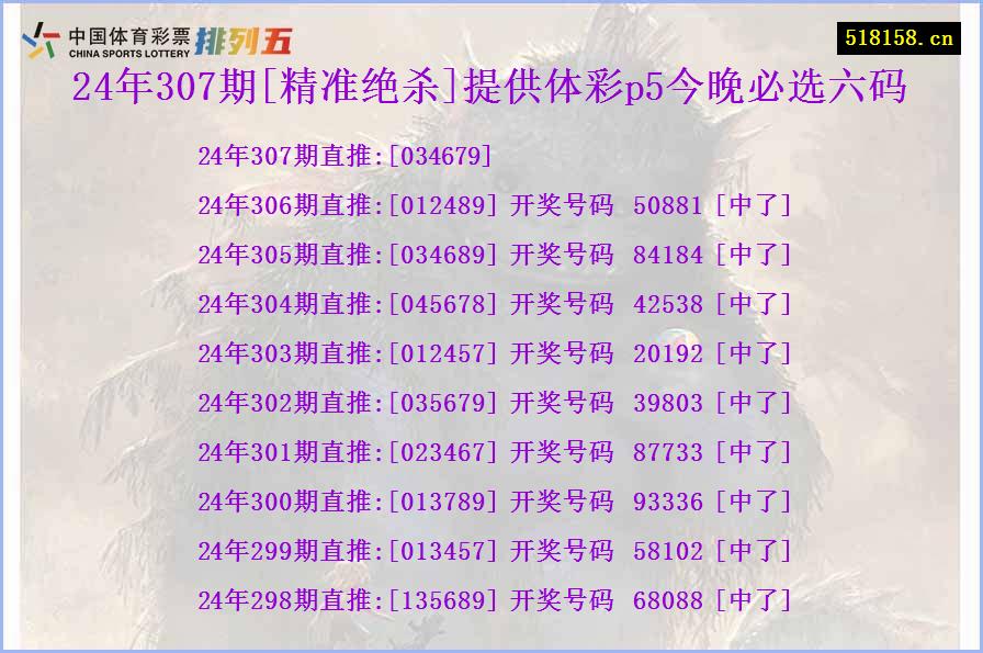 24年307期[精准绝杀]提供体彩p5今晚必选六码