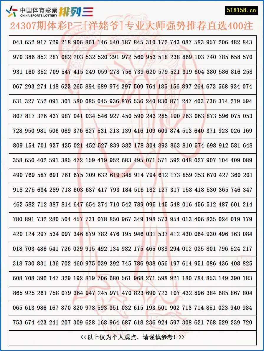 24307期体彩P三[洋姥爷]专业大师强势推荐直选400注