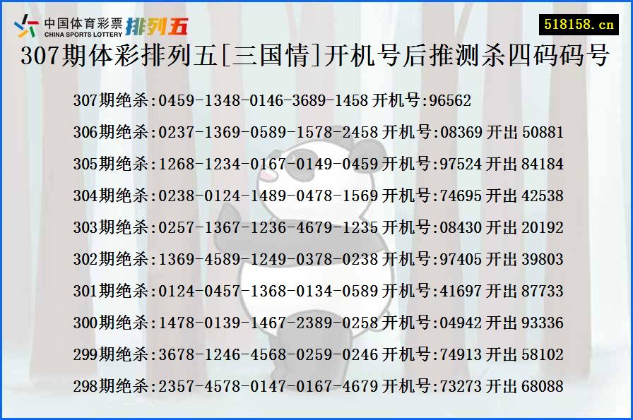 307期体彩排列五[三国情]开机号后推测杀四码码号