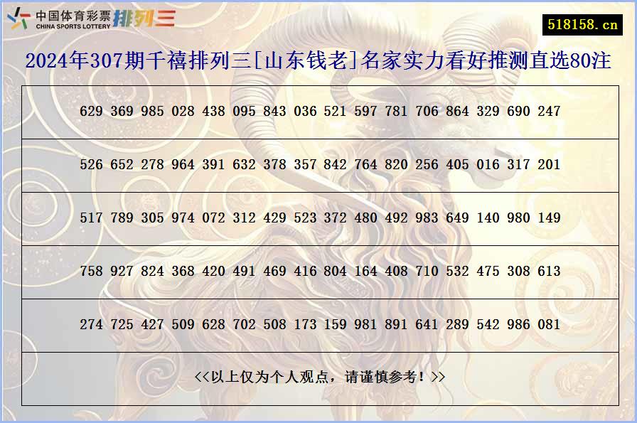 2024年307期千禧排列三[山东钱老]名家实力看好推测直选80注